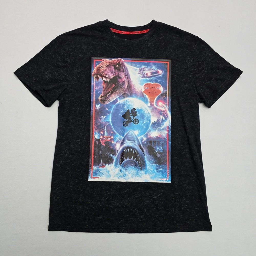 Universal Studios Mens Mashup Graphic T-Shirt Jaws Jurassic Park ET BTTF Black M